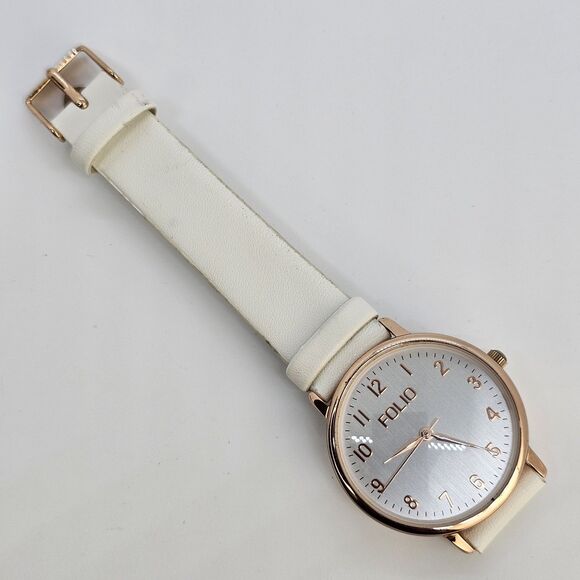 Folio Women's Watch 32MM Light Gray Dial Cream Faux Leather Bands New Battery - Picture 5 of 14